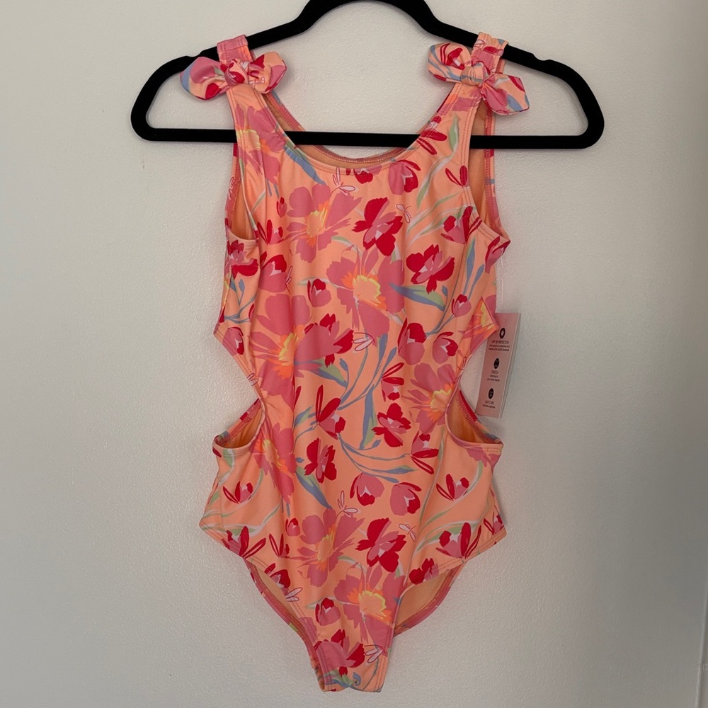 Crown & Ivy Kids Apricot Floral Cutout Swimsuit with Bow Straps 16 NWT